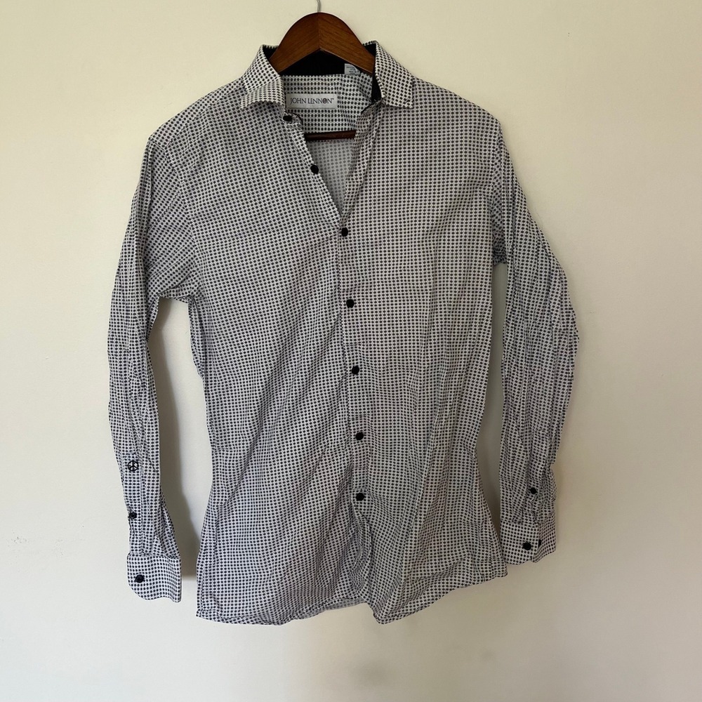 John Lennon Mens White Navy Floral Micro Print Button Down Shirt Medium 15-15.5